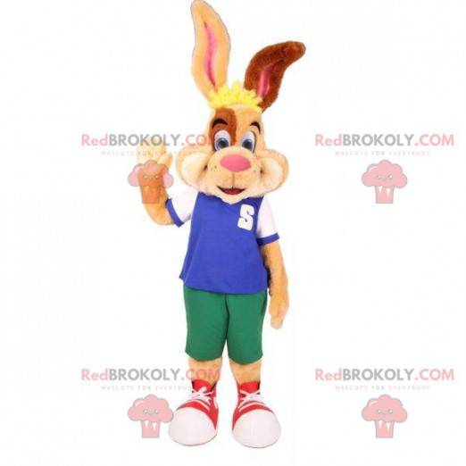 Brown and white beige rabbit mascot with a colorful outfit -