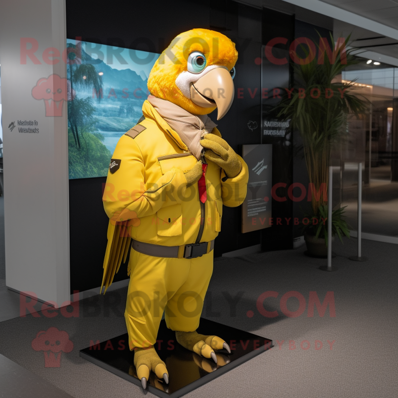 Gold Parrot mascot costume character dressed with a Cargo Pants and Scarf clips