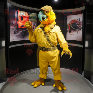 Gold Parrot mascot costume character dressed with a Cargo Pants and Scarf clips
