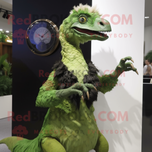 Olive Utahraptor mascot costume character dressed with a Evening Gown and Digital watches