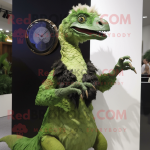 Olive Utahraptor mascot costume character dressed with a Evening Gown and Digital watches