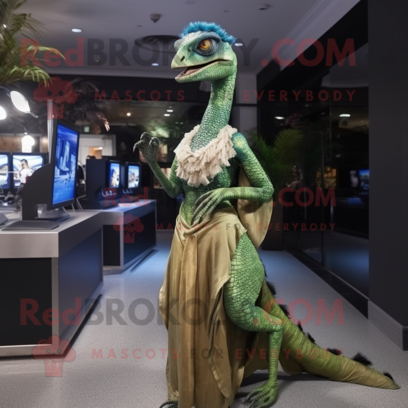 Olive Utahraptor mascot costume character dressed with a Evening Gown and Digital watches