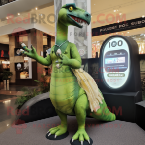 Olive Utahraptor mascot costume character dressed with a Evening Gown and Digital watches