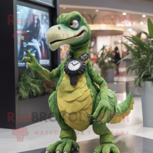 Olive Utahraptor mascot costume character dressed with a Evening Gown and Digital watches