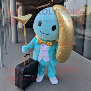 Gold Narwhal mascot costume character dressed with a Suit and Messenger bags