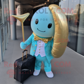 Gold Narwhal mascot costume character dressed with a Suit and Messenger bags