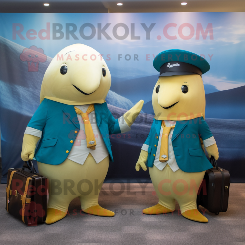 Gold Narwhal mascot costume character dressed with a Suit and Messenger bags Gold Narwhal mascot costume character dressed with a Suit and Messenger bags