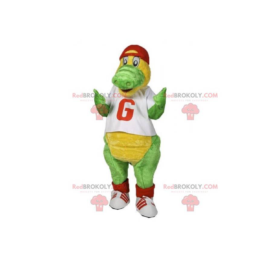 Green and yellow crocodile mascot dressed in red and white -