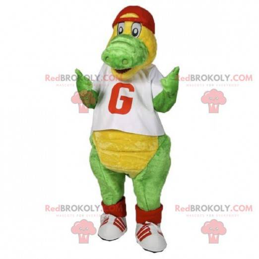 Mascote crocodilo verde e amarelo vestido de vermelho e branco