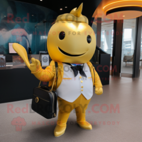 Gold Narwhal mascot costume character dressed with a Suit and Messenger bags