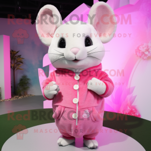 Pink Chinchilla mascot costume character dressed with a Sweater and Rings