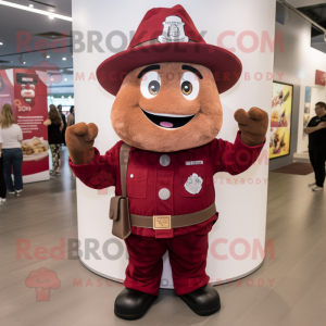 Maroon Fire Fighter mascot costume character dressed with a Cover-up and Caps