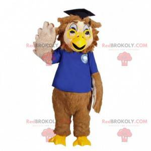 Mascota búho marrón vestida con un tocado de joven graduado -