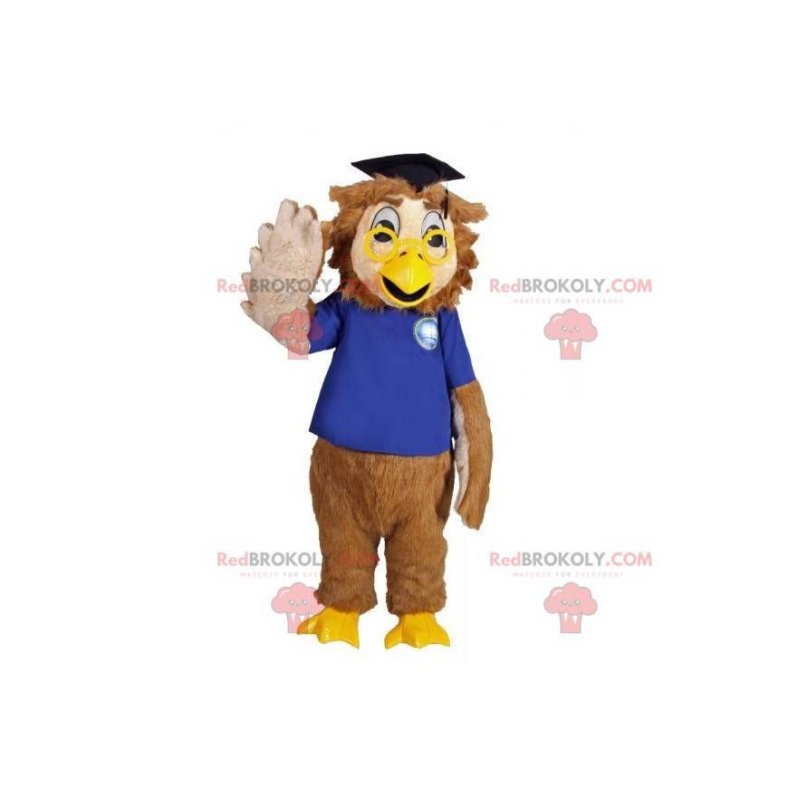 Brown owl mascot dressed with a young graduate headdress -