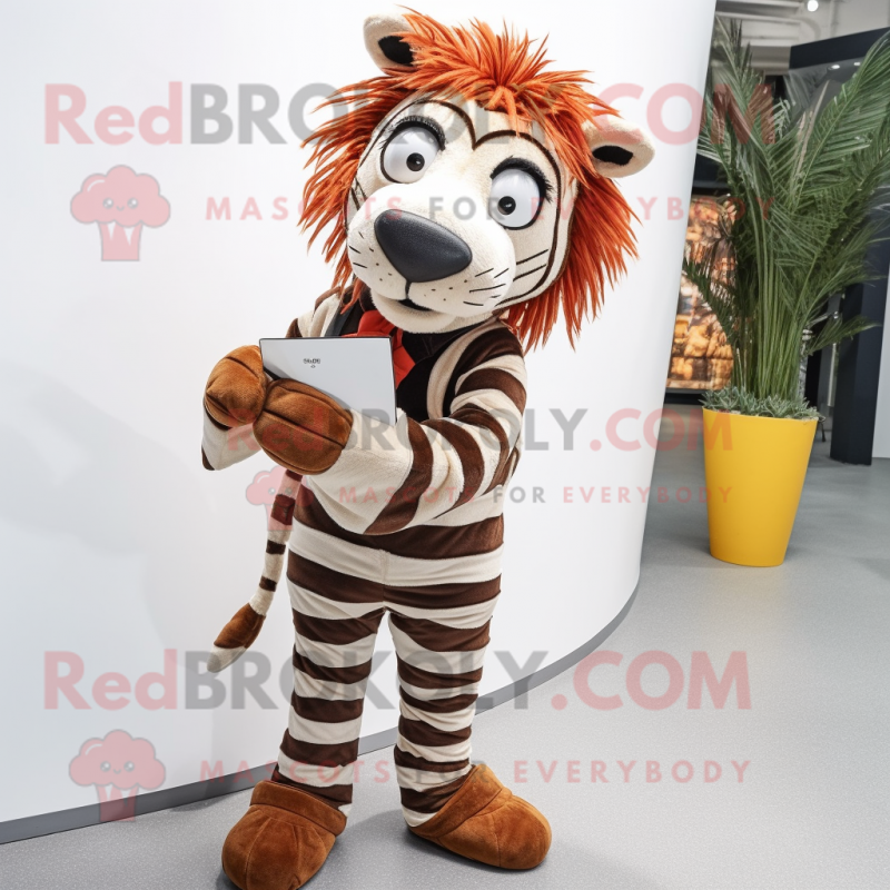 Rust Zebra mascot costume character dressed with a Jeggings and Clutch bags Rust Zebra mascot costume character dressed with a Jeggings and Clutch bags