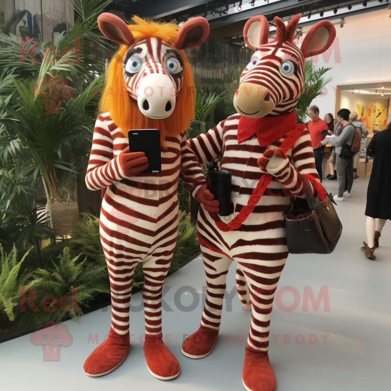 Rust Zebra mascot costume character dressed with a Jeggings and Clutch bags