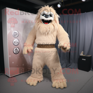 Tan Yeti mascot costume character dressed with a Jumpsuit and Shoe clips