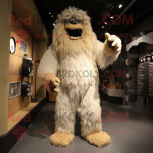 Tan Yeti mascot costume character dressed with a Jumpsuit and Shoe clips