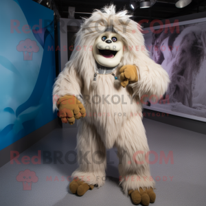 Tan Yeti mascot costume character dressed with a Jumpsuit and Shoe clips