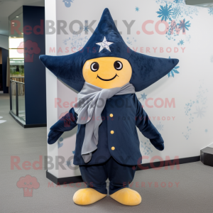 Navy Starfish mascot costume character dressed with a Coat and Scarves