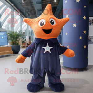 Navy Starfish mascot costume character dressed with a Coat and Scarves