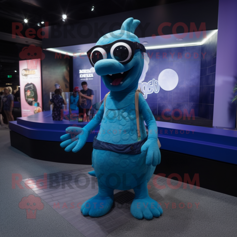 Blue Loch Ness Monster mascot costume character dressed with a Bikini and Eyeglasses