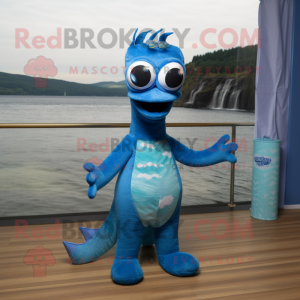 Blue Loch Ness Monster mascot costume character dressed with a Bikini and Eyeglasses