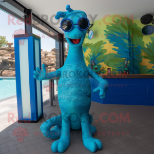 Blue Loch Ness Monster mascot costume character dressed with a Bikini and Eyeglasses