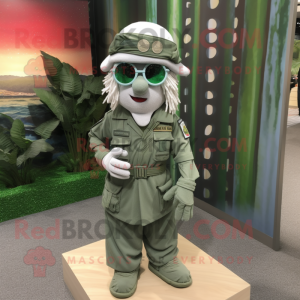 Silver Green Beret mascot costume character dressed with a Maxi Dress and Eyeglasses