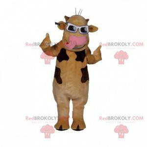 Mascotte de vache beige et marron avec des lunettes -