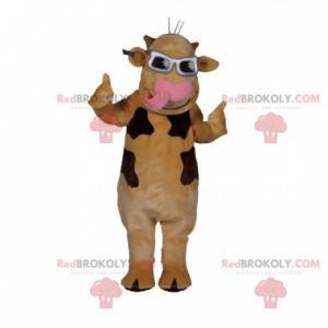 Maskotka beżowo-brązowa krowa w okularach - Redbrokoly.com