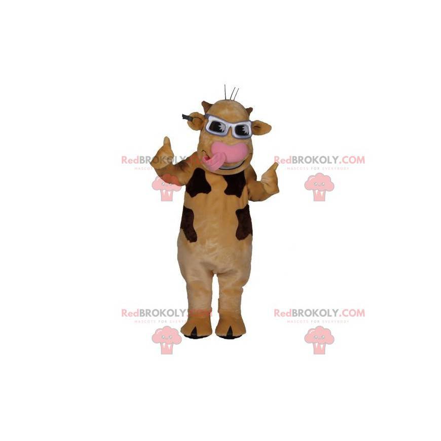 Mascot vaca beige y marrón con gafas - Redbrokoly.com