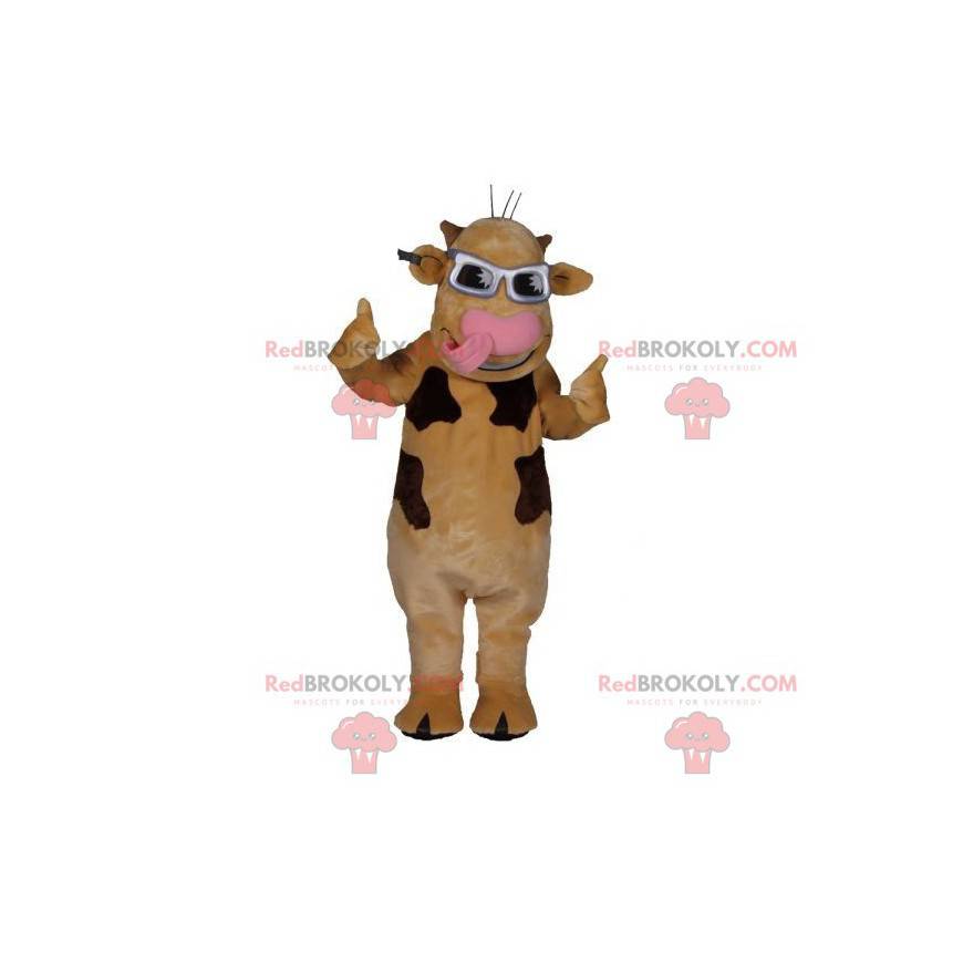 Vaca mascote bege e marrom com óculos - Redbrokoly.com