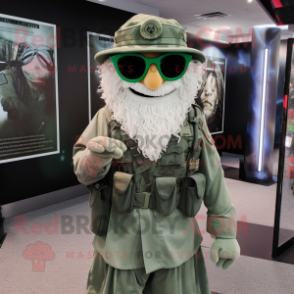 Silver Green Beret mascot costume character dressed with a Maxi Dress and Eyeglasses