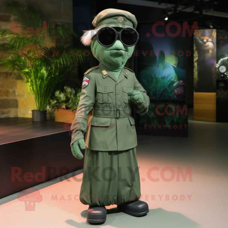 Silver Green Beret mascot costume character dressed with a Maxi Dress and Eyeglasses