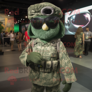 Silver Green Beret mascot costume character dressed with a Maxi Dress and Eyeglasses