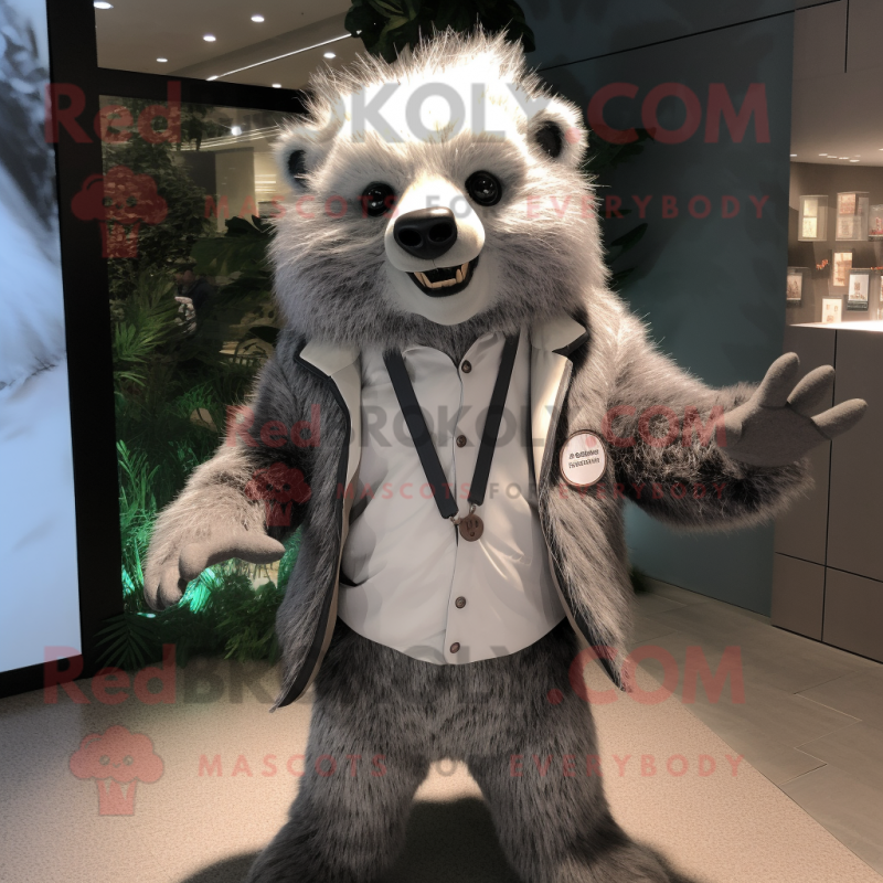 Silver Sloth Bear mascot costume character dressed with a Jacket and Cummerbunds Silver Sloth Bear mascot costume character dressed with a Jacket and Cummerbunds