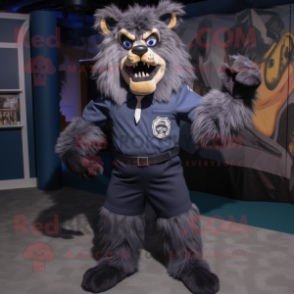 Navy Werewolf mascot costume character dressed with a A-Line Dress and Suspenders