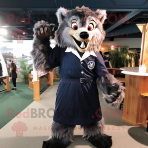Navy Werewolf mascot costume character dressed with a A-Line Dress and Suspenders