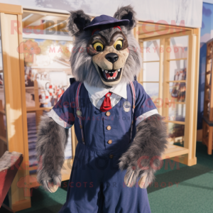 Navy Werewolf mascot costume character dressed with a A-Line Dress and Suspenders