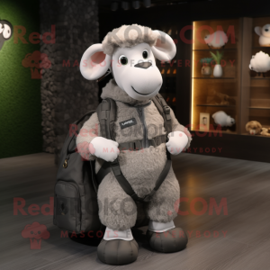 Gray Sheep mascot costume character dressed with a Jacket and Messenger bags