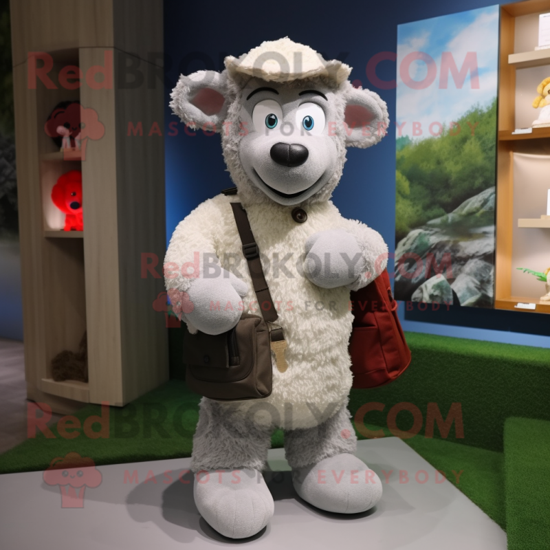 Gray Sheep mascot costume character dressed with a Jacket and Messenger bags