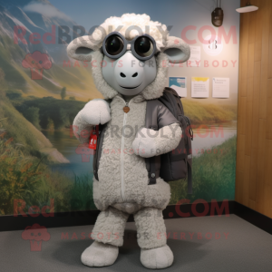 Gray Sheep mascot costume character dressed with a Jacket and Messenger bags