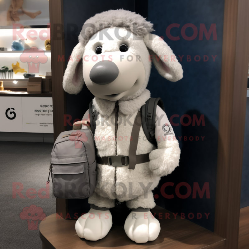 Gray Sheep mascot costume character dressed with a Jacket and Messenger bags