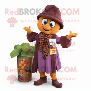 Rust Grape mascot costume character dressed with a Wrap Dress and Beanies