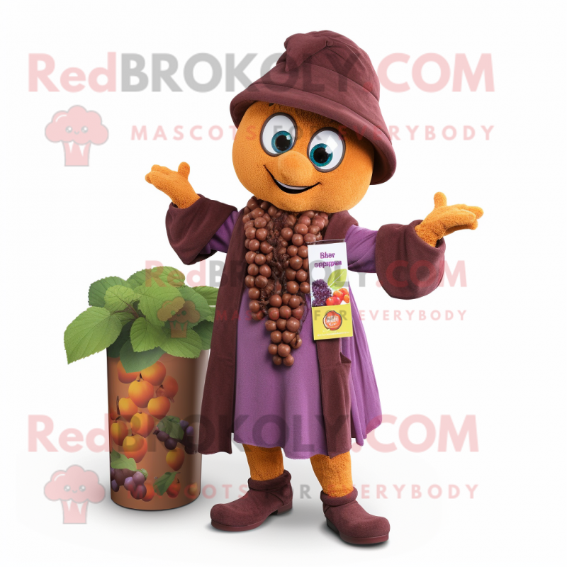 Rust Grape mascot costume character dressed with a Wrap Dress and Beanies Rust Grape mascot costume character dressed with a Wrap Dress and Beanies