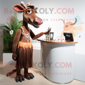 Brown Okapi mascot costume character dressed with a Cocktail Dress and Hairpins