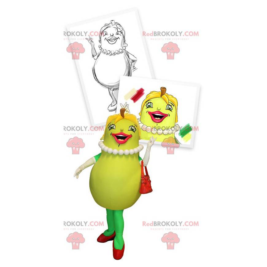 Mascot groene peer glimlachend en vrouwelijk. Fruit kostuum -