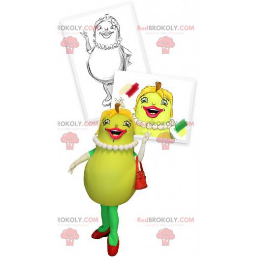 Mascot groene peer glimlachend en vrouwelijk. Fruit kostuum -