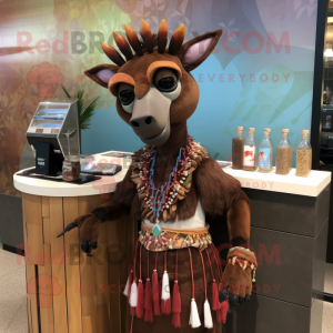 Brown Okapi mascot costume character dressed with a Cocktail Dress and Hairpins